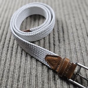 MARTIN DINGMAN Mens Italian Rayon Woven Golf Belt Stretch 44 Leather Trim White